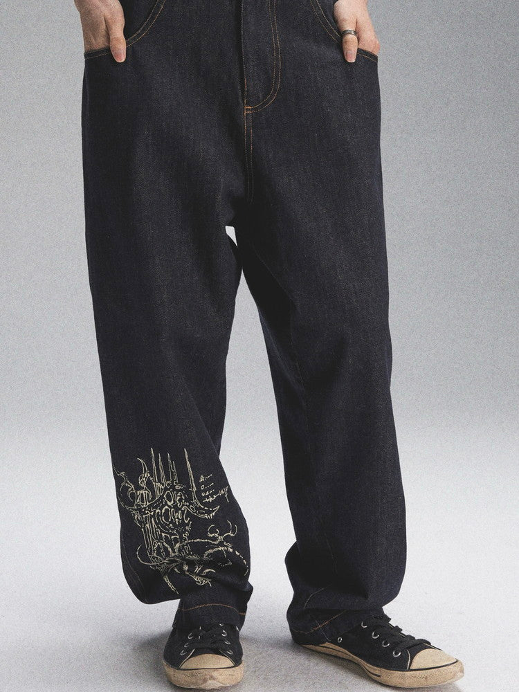 Print Denim Loose Casual Wide-Leg Pants