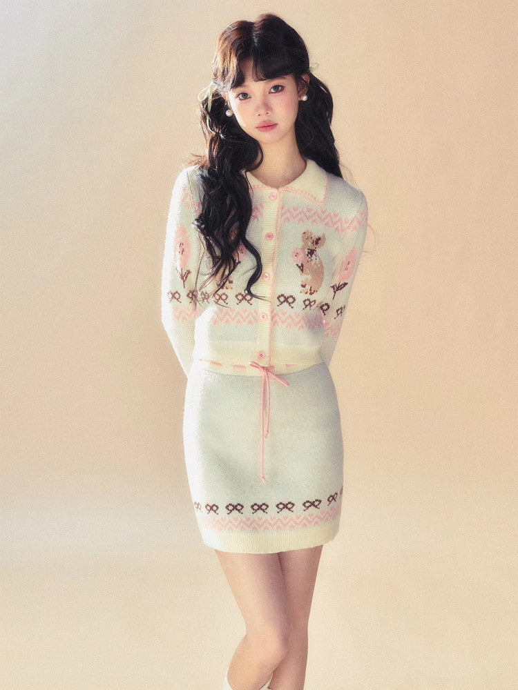 Set-Up Knit Retro Rabbit Ribbon Cardigan&Mini-Skirt