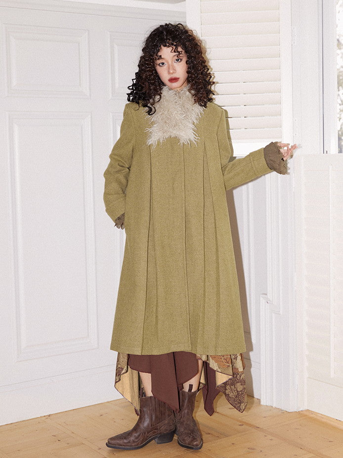 Fur-Collar Plain Flare Simple Elegant Long-Coat