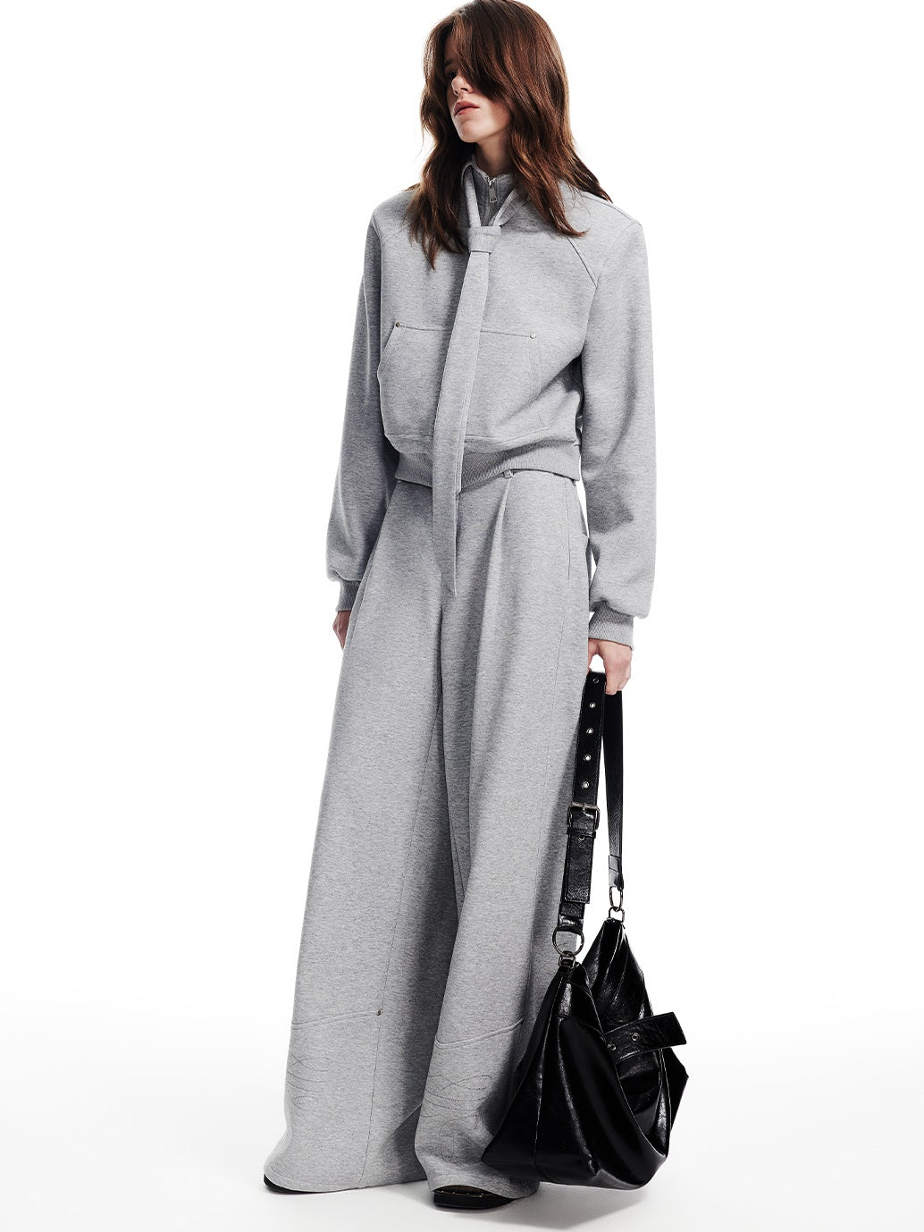 Sweat Casual Tie Plain Stand-Collar Set-Up Tops&Pants