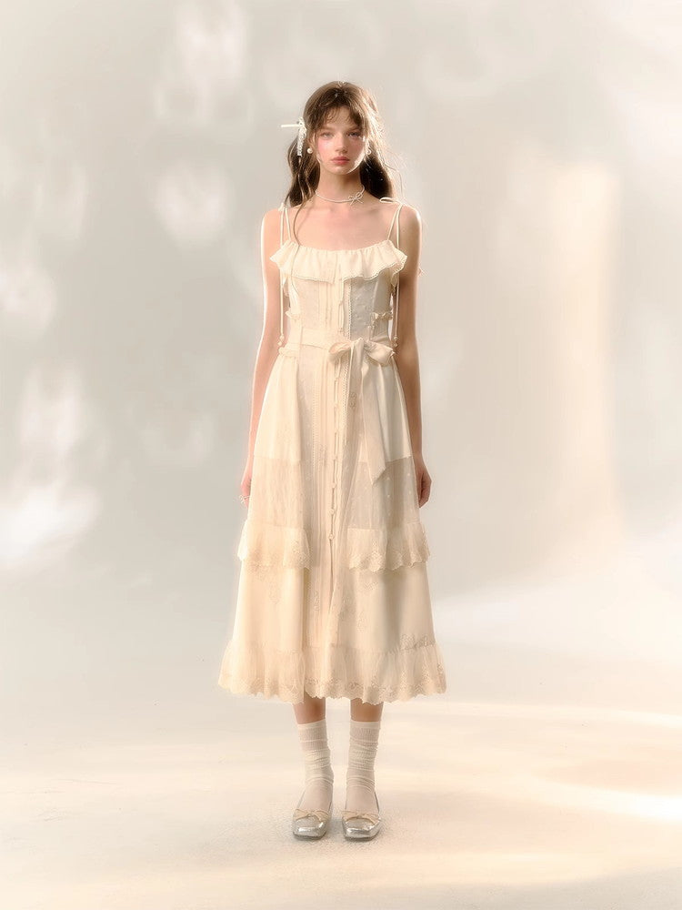 Lace Frill Camisole Ribbon Cute Long Dress