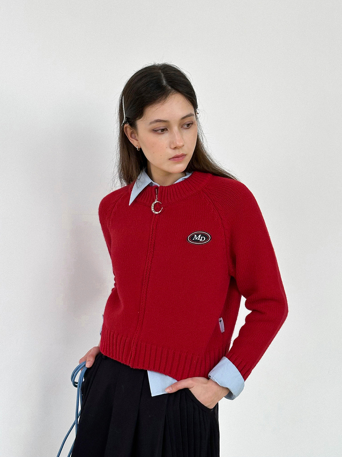 ZIP-Strick-Freizeit-Crew-Hals einfaches Abzeichen rote Strickjacke