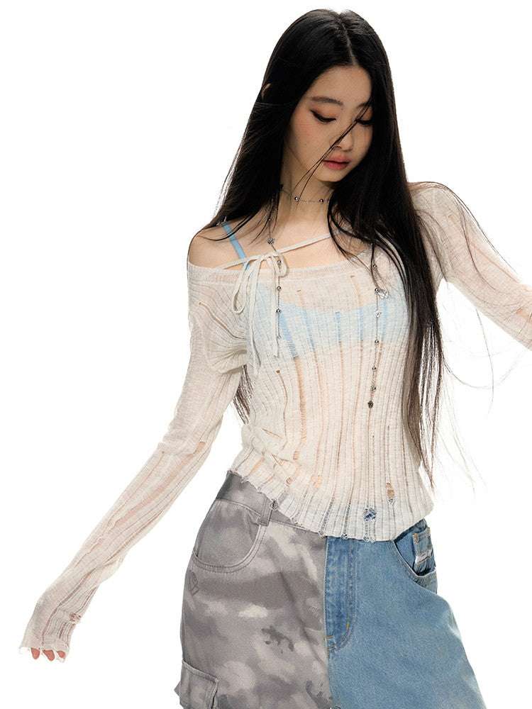 깎아 지른 저가 게이지 캐주얼 한 숄더 메쉬 니치 니트