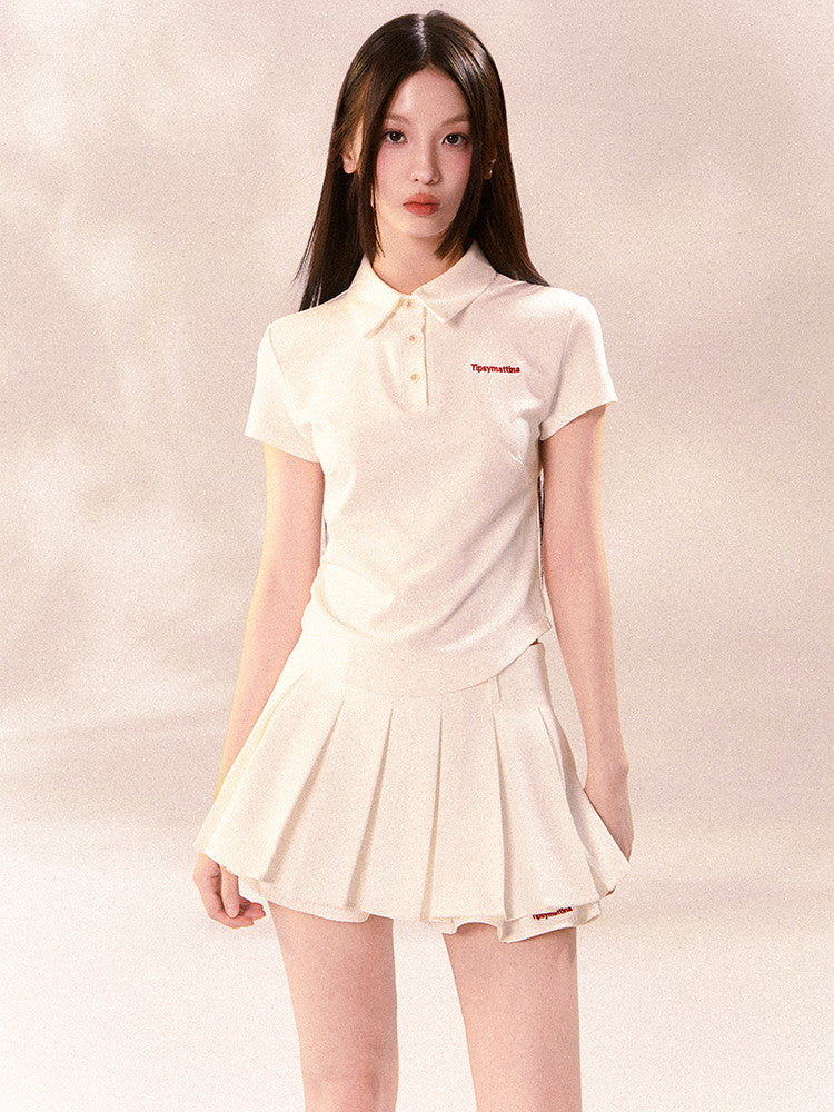 Set-Up Sports Casual Simple Pleats Polo-Shirt&Mini-Skirt