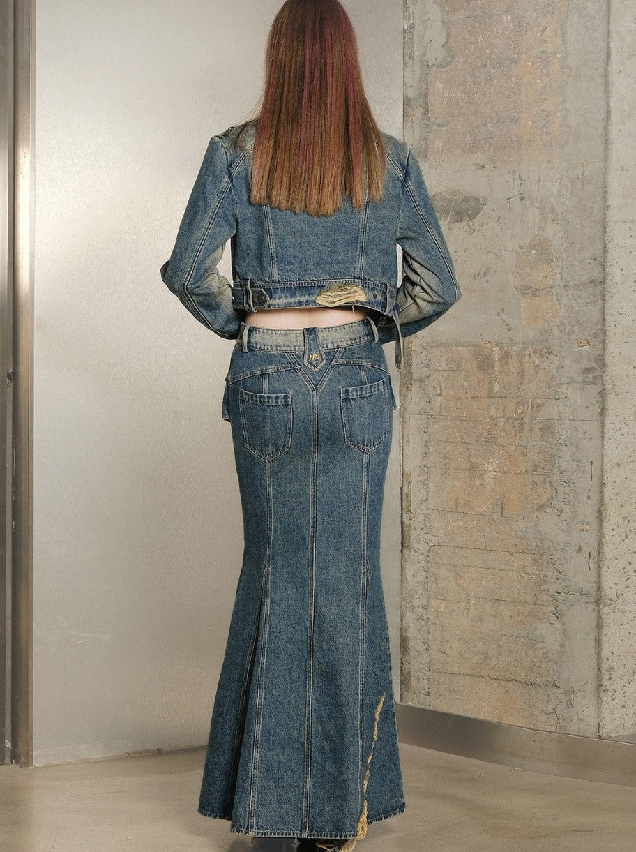 데님 세척 빈티지 인어 재킷 및 장거리 스커트