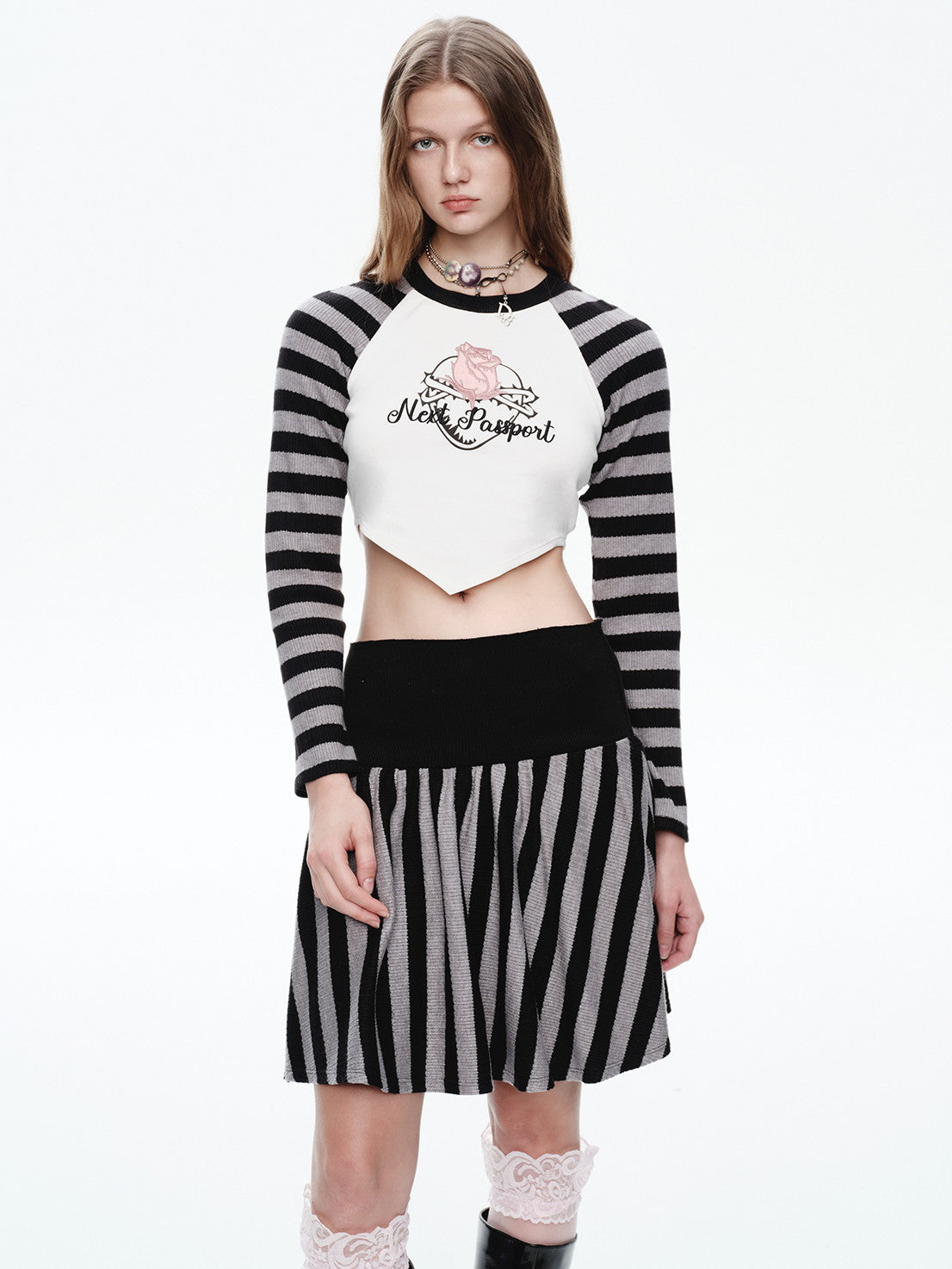 Knit Border Casual Set-Up Long-T-Shirt&Mini-Skirt
