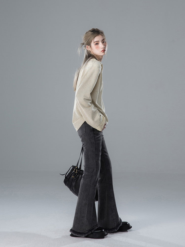 Denim Fower Wrap Cut-Off Slim Flare-Pants&Lace-Skirt