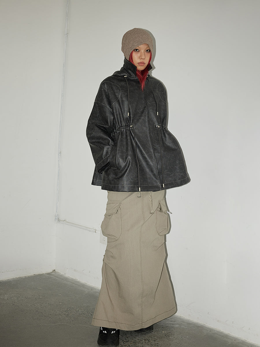 Leder Draw String Hoodie Casual Oversize Jacke