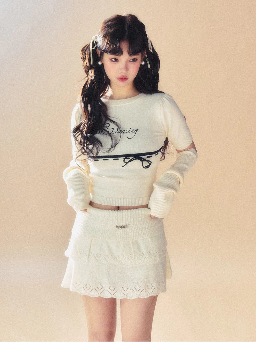 Ribbon à bras en tricot en tricot chic Girly mignons tops et mini-jupe