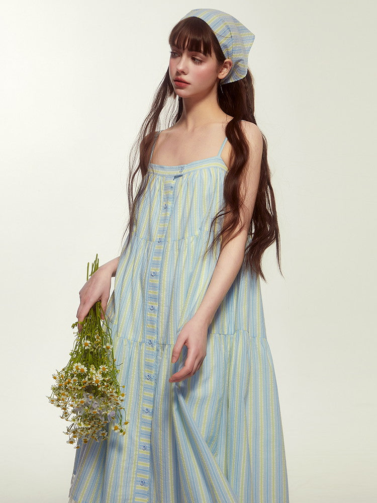 Camisole Lace Stripe Flare Button Layered Casual Dress