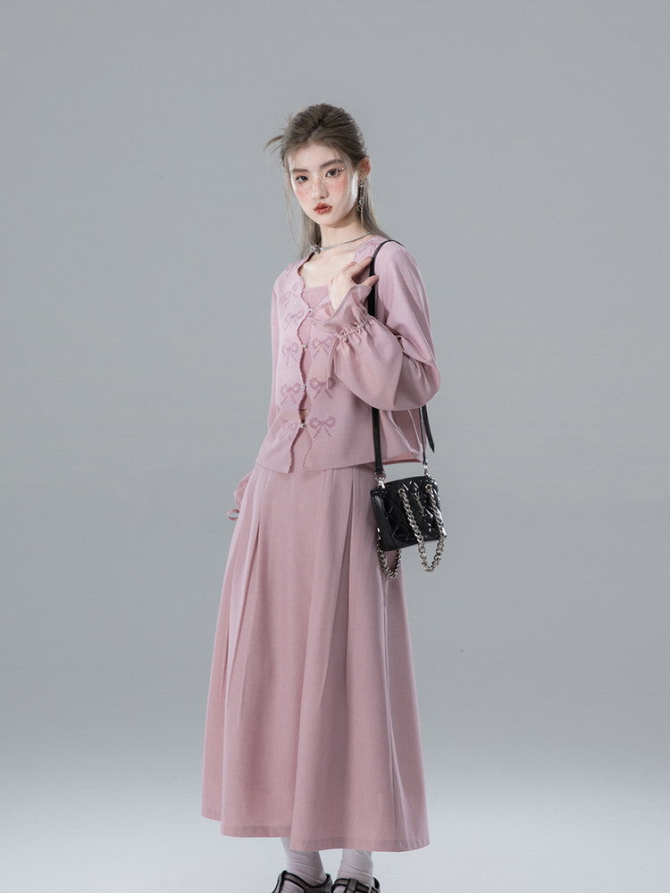Cardigan&Long-Skirt Ribbon V-Neck Retro Set-Up