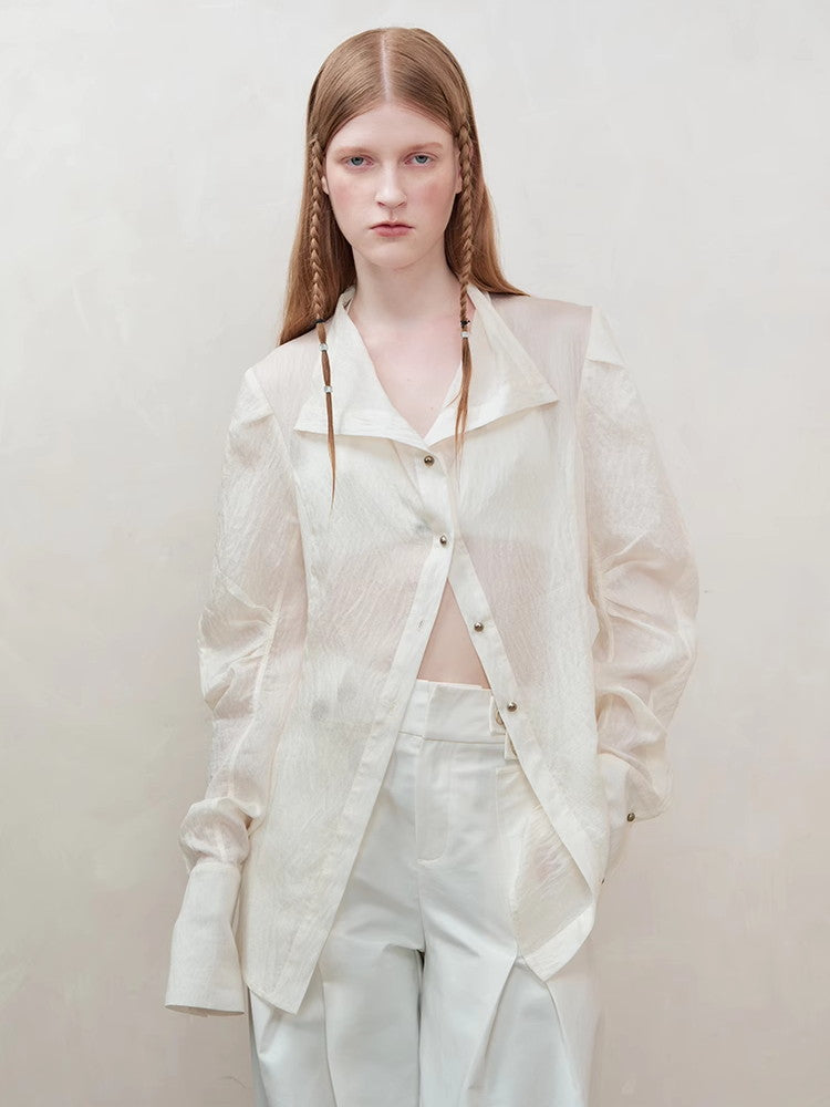 Oversize Wrinkled Sheer Chic Long-Scarf&Shirt