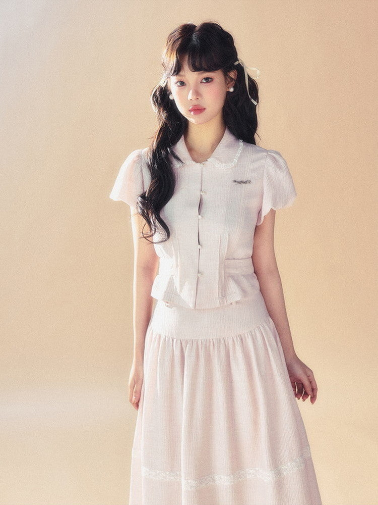 Constricted Puff-Sleeve Lace Flare Blouse&Long-Skirt