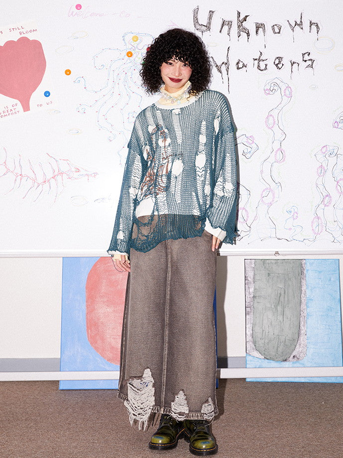 Mesh Damage Knit Vintage Casual Tops