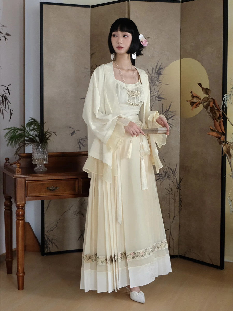Embroidery Flowr Retro Sheer Box-Pleats Long-Skirt