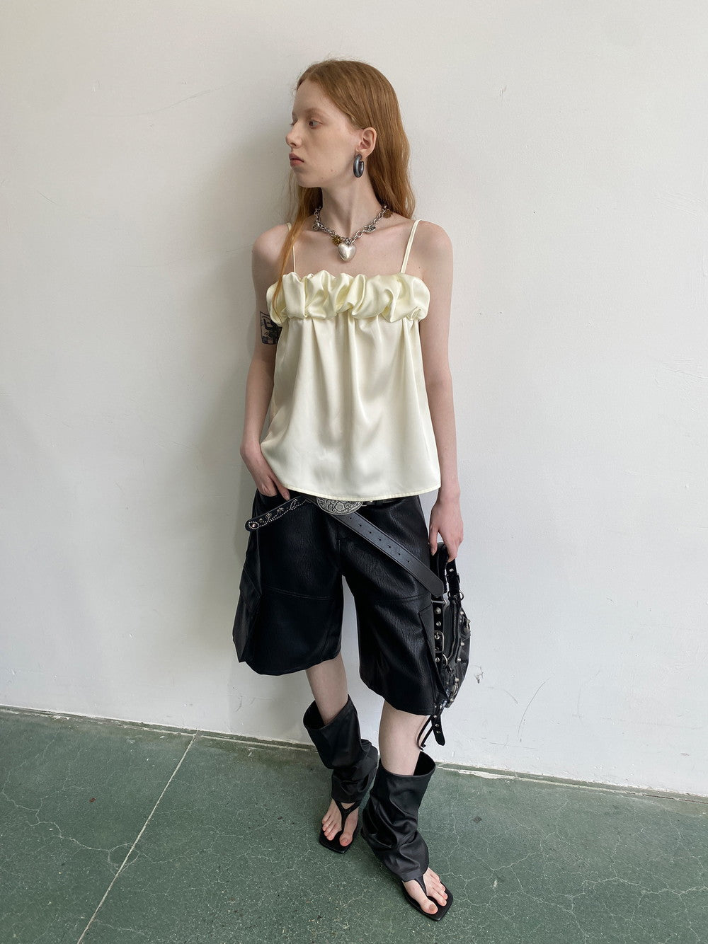 Leather Glossy Volume Camisole&Half-Pants