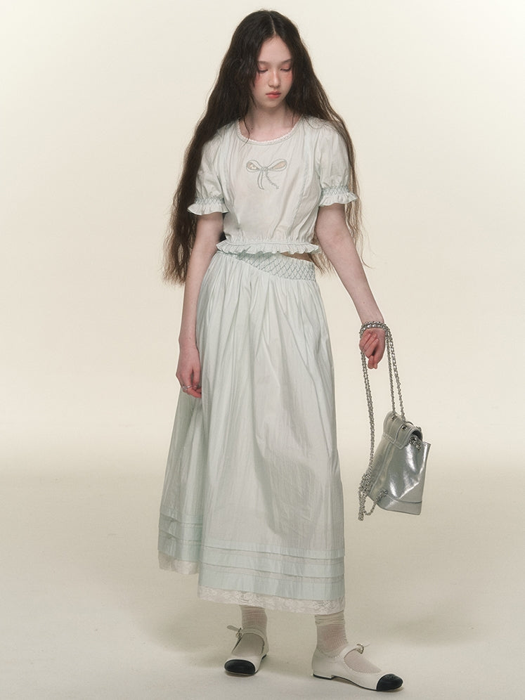 Natural Ribbon Candy-Sleeve Natural Blouse&Long-Skirt