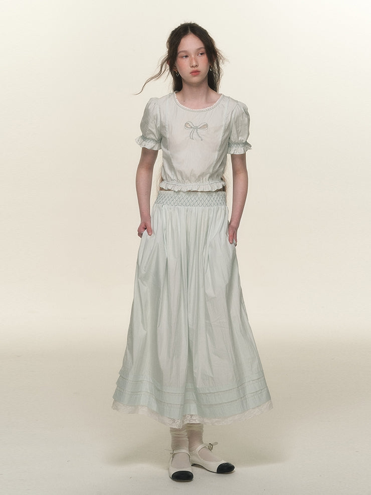 Natural Ribbon Candy-Sleeve Natural Blouse&Long-Skirt