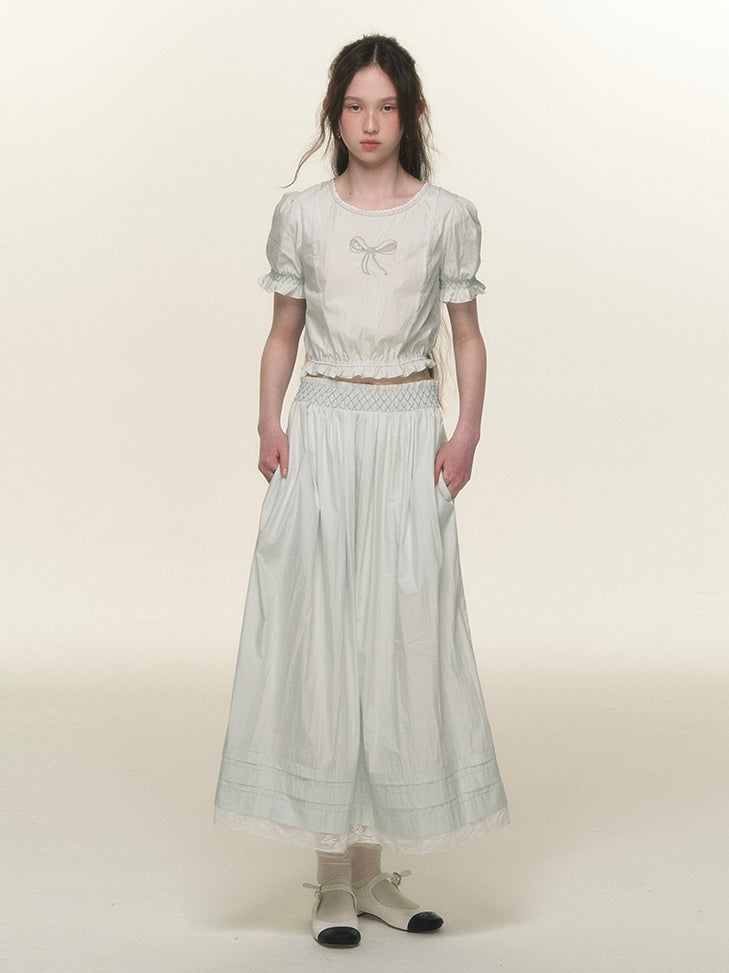 Natural Ribbon Candy-Sleeve Natural Blouse&Long-Skirt