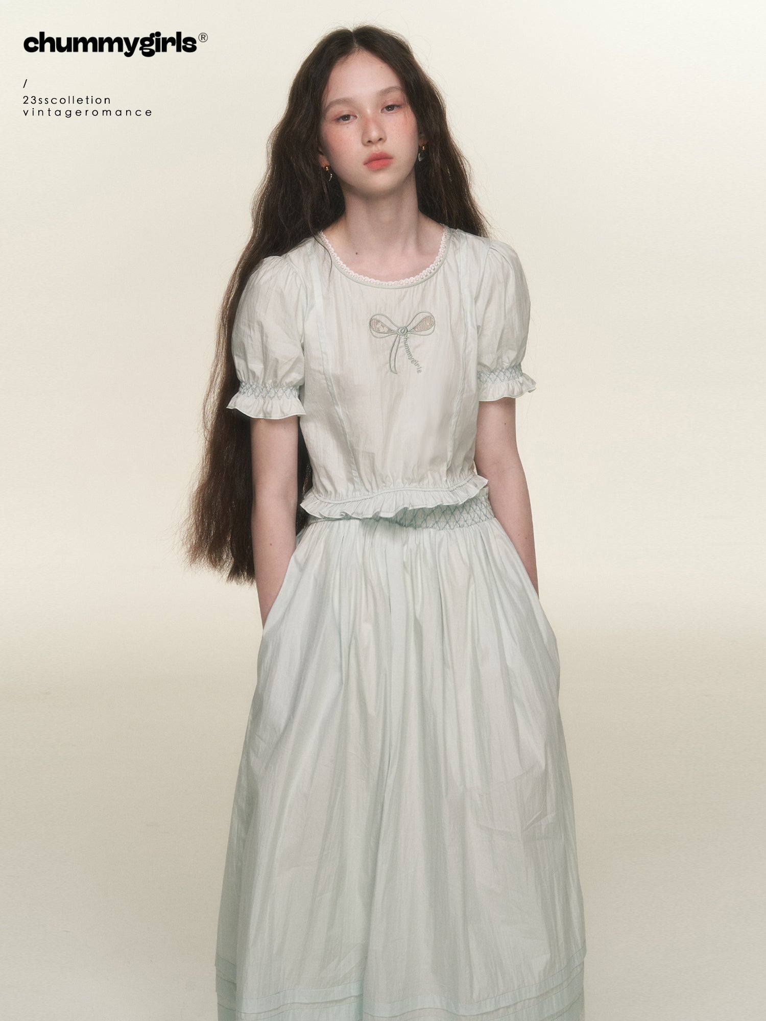 Natural Ribbon Candy-Sleeve Natural Blouse&Long-Skirt