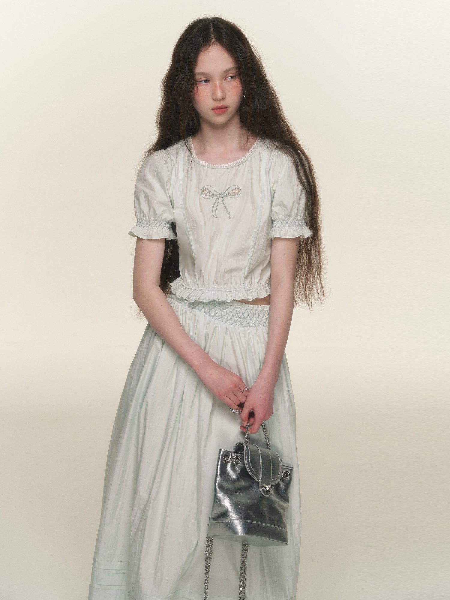 Natural Ribbon Candy-Sleeve Natural Blouse&Long-Skirt