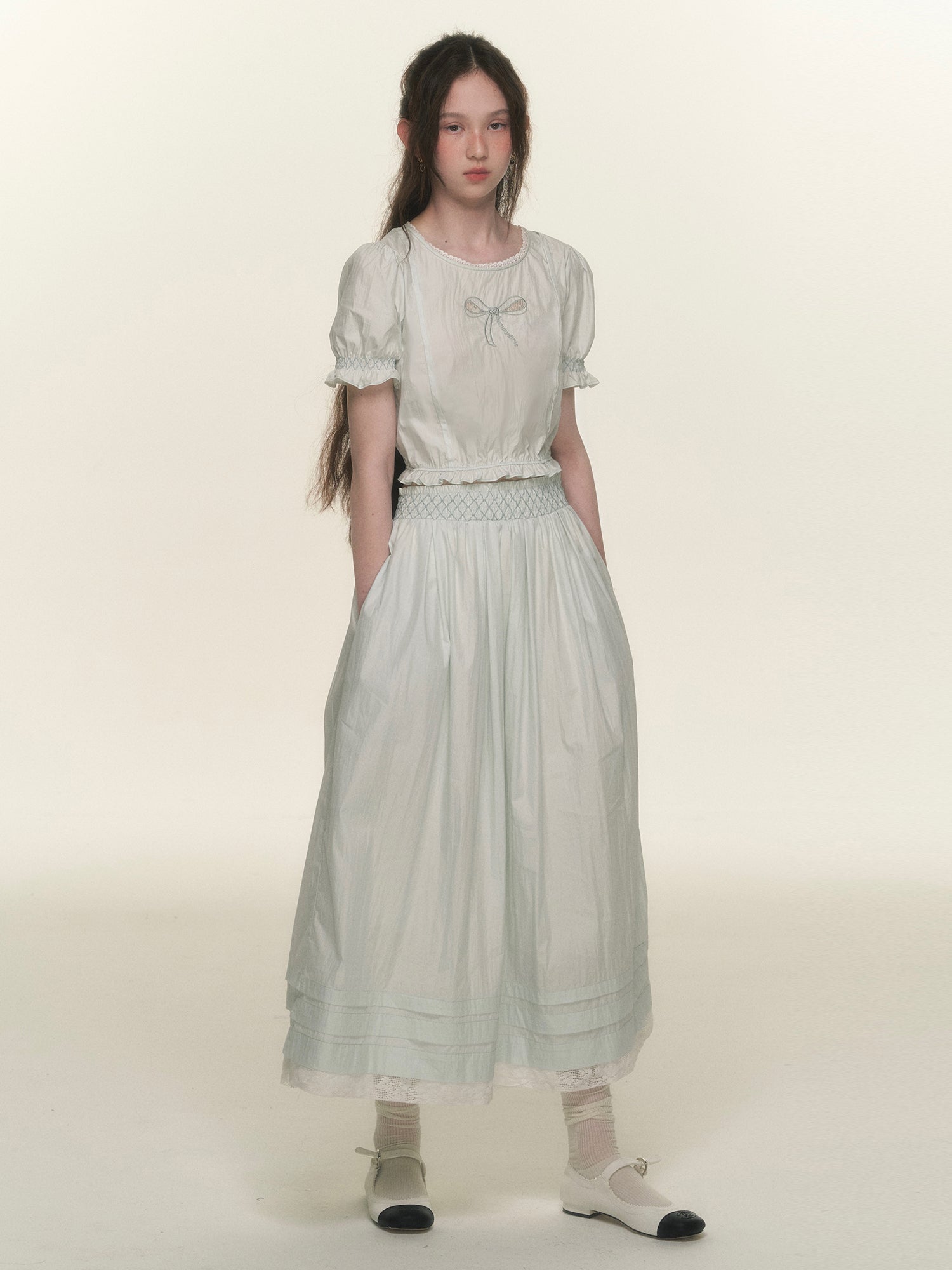 Natural Ribbon Candy-Sleeve Natural Blouse&Long-Skirt