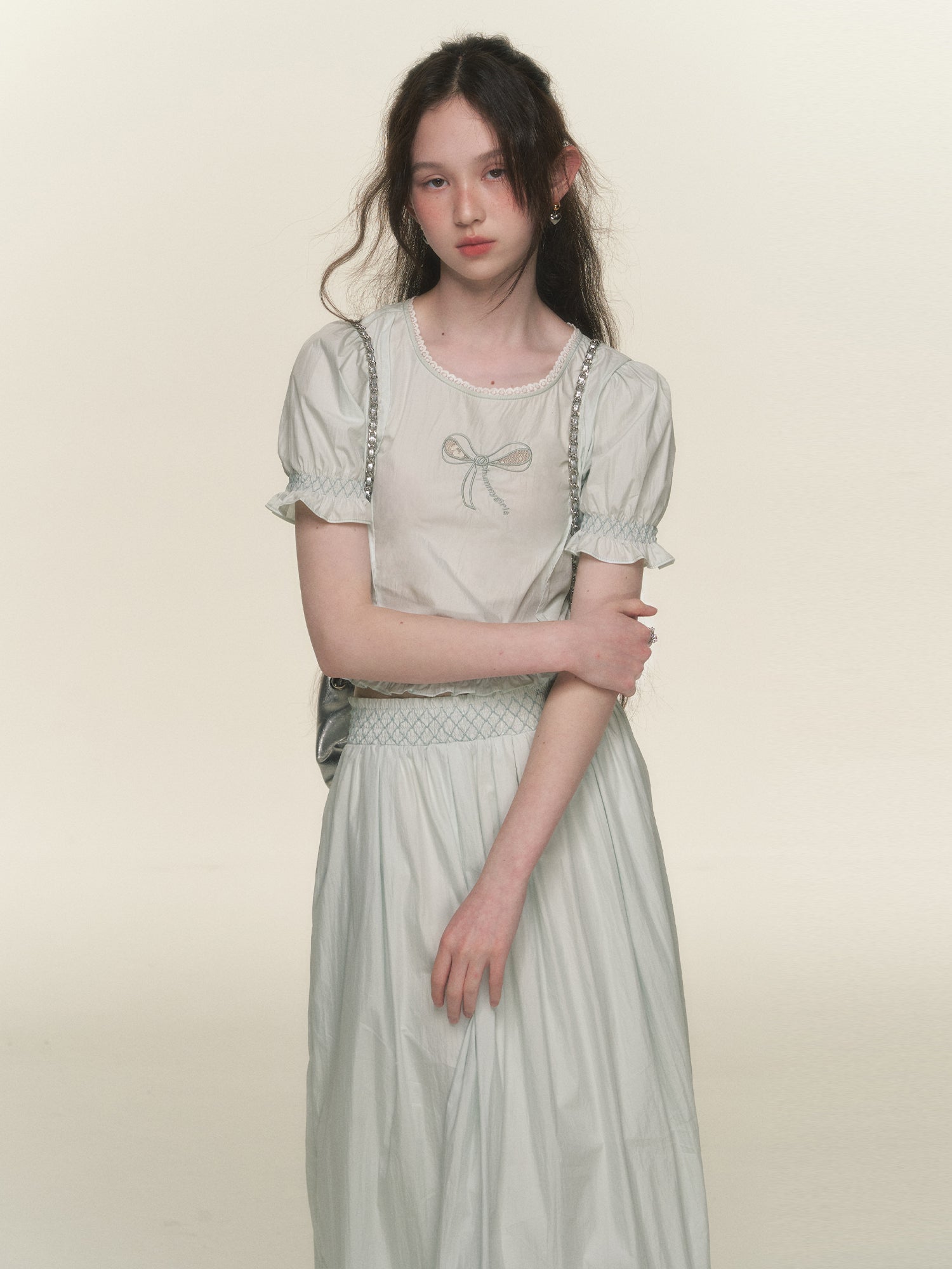 Natural Ribbon Candy-Sleeve Natural Blouse&Long-Skirt