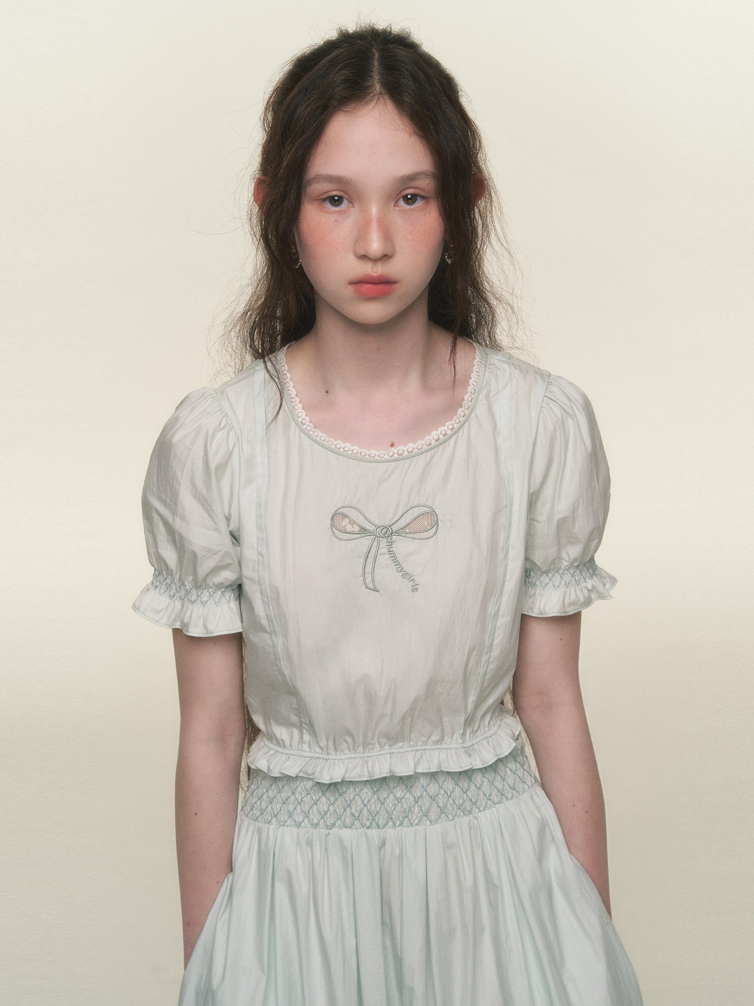 Natural Ribbon Candy-Sleeve Natural Blouse&Long-Skirt
