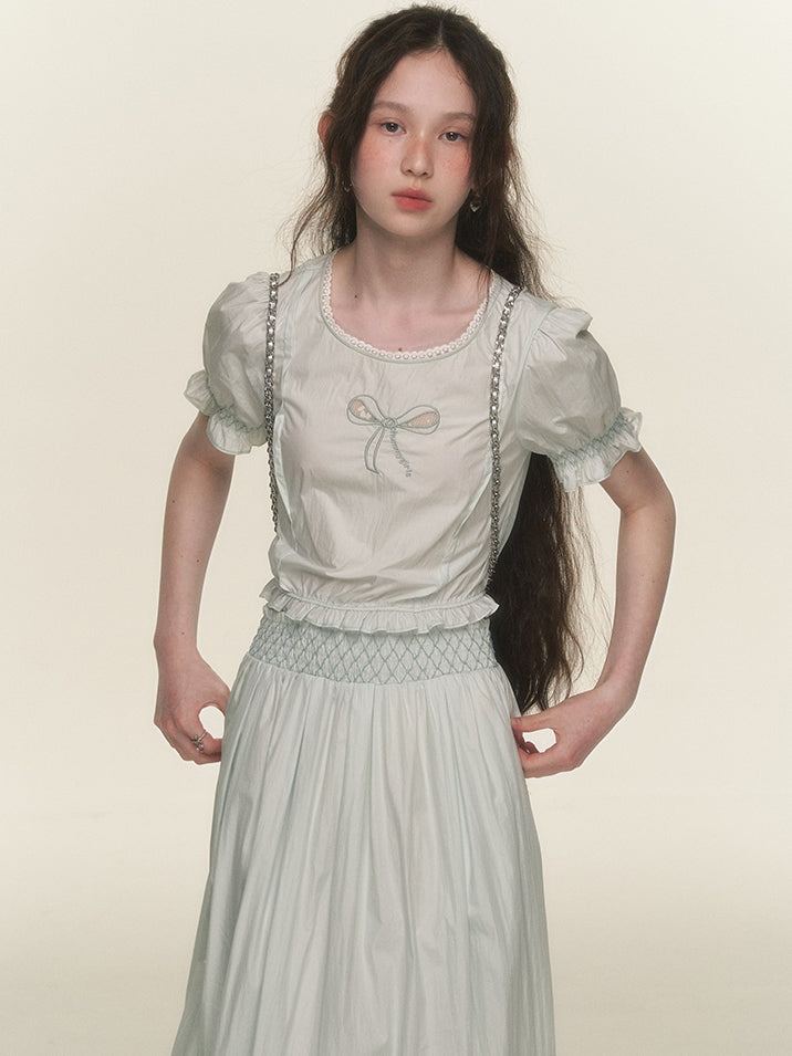 Natural Ribbon Candy-Sleeve Natural Blouse&Long-Skirt