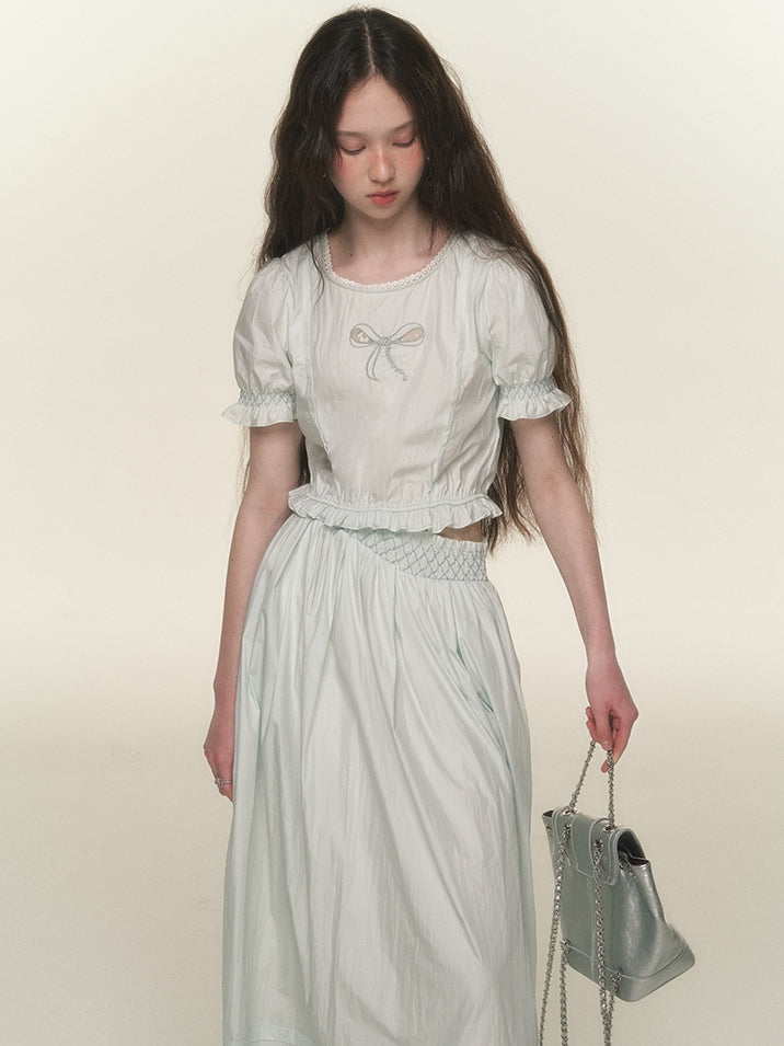 Natural Ribbon Candy-Sleeve Natural Blouse&Long-Skirt