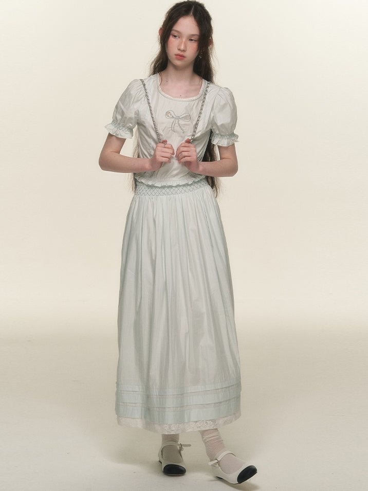 Natural Ribbon Candy-Sleeve Natural Blouse&Long-Skirt