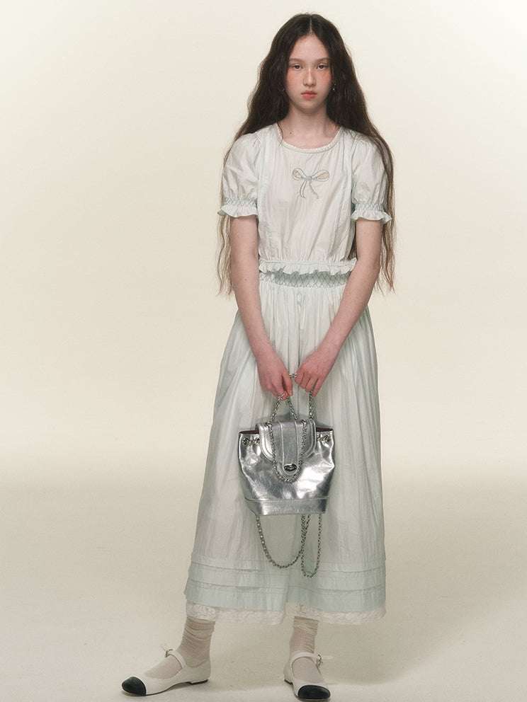 Natural Ribbon Candy-Sleeve Natural Blouse&Long-Skirt