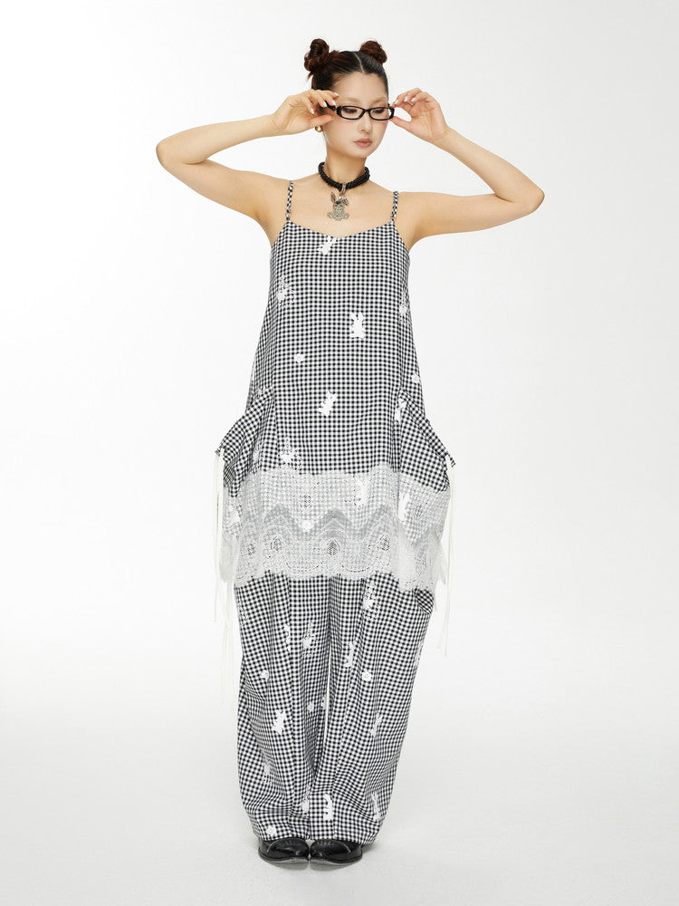 Lace Gingham-Checked Girly Loose Camisole Casual Dress&Pants