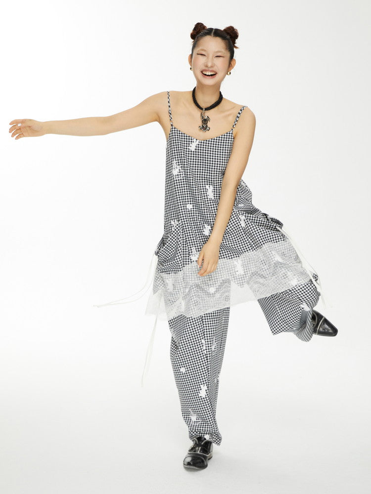 Lace Gingham-Checked Girly Loose Camisole Casual Dress&Pants