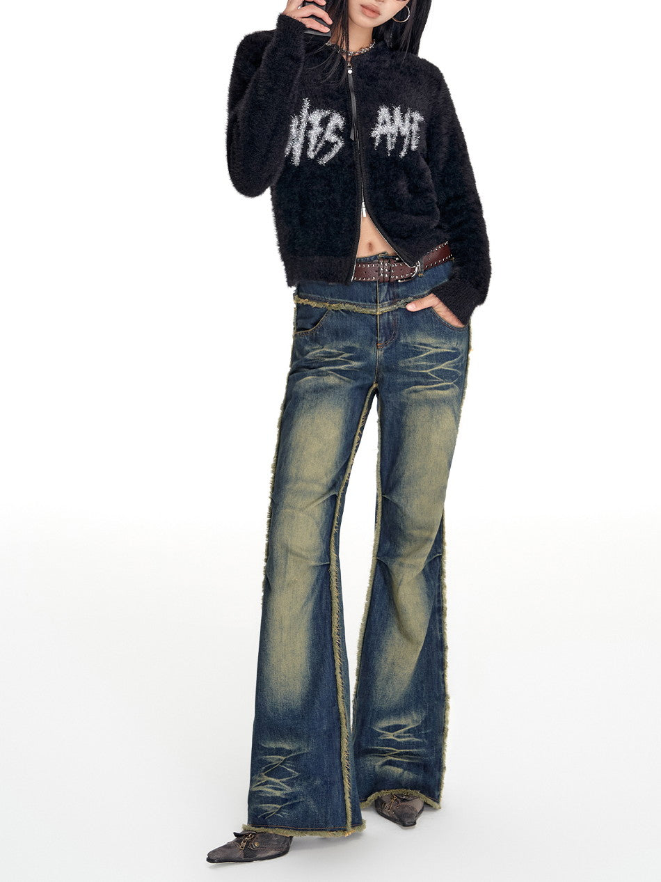 Denim Faded Vintage Cut-Off Casual Flare-Pants