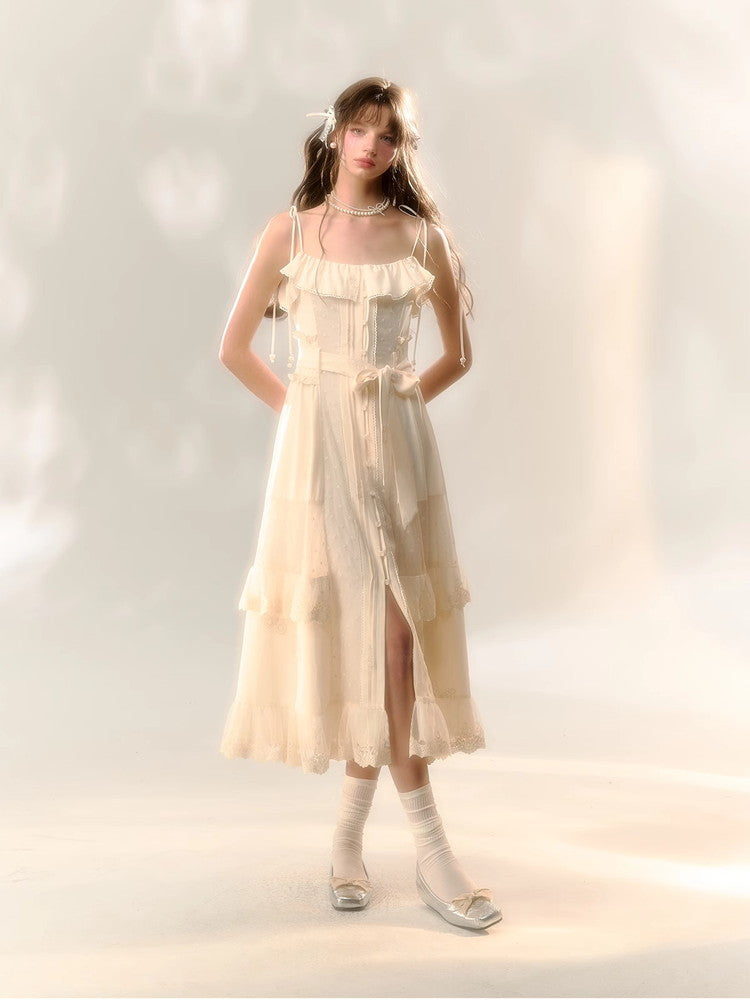 Lace Frill Camisole Ribbon Cute Long Dress