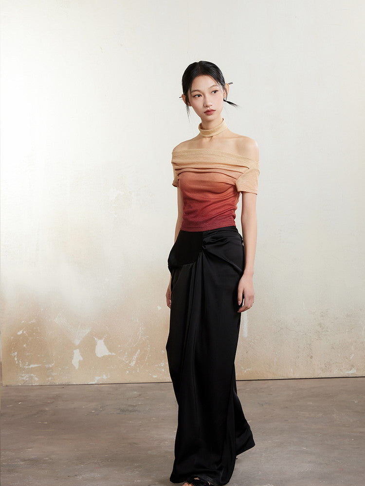 Gradation Off-Shoulder Nichi Velvet Flare-Sleeve Tops