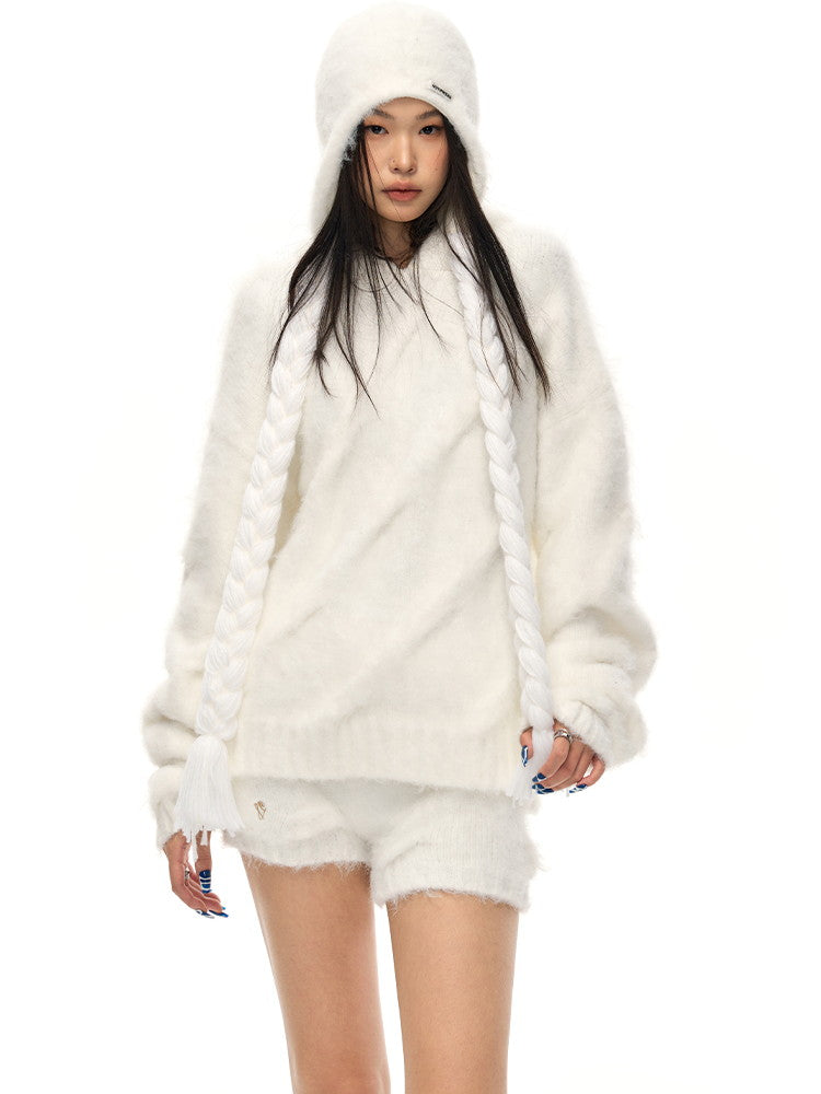 Mohair-Knit Casual Fluffily Hoodie Parka&Short-Pants