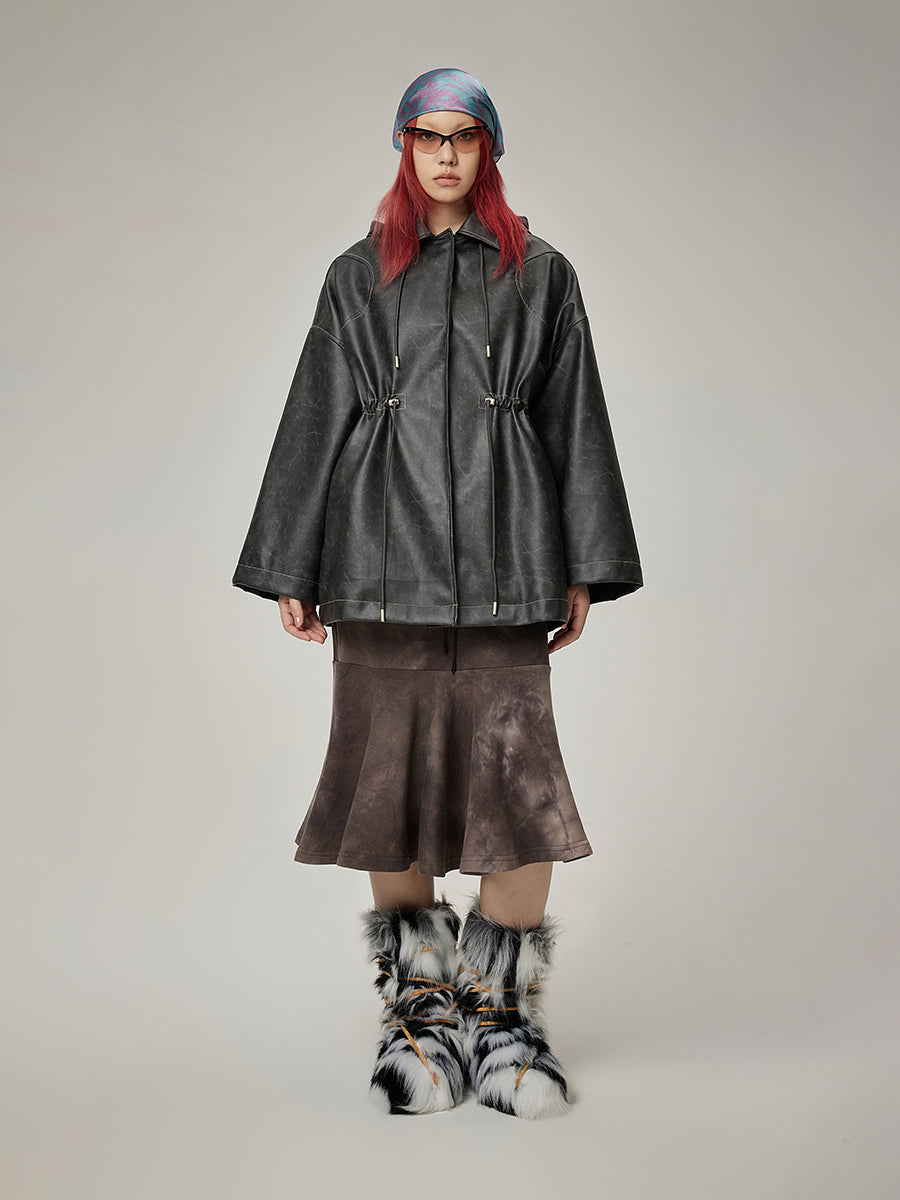 Leder Draw String Hoodie Casual Oversize Jacke