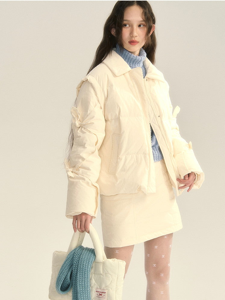 Cotton Quilting Ribbon Set-Up Cute Down-Jacket&Mini-Skirt