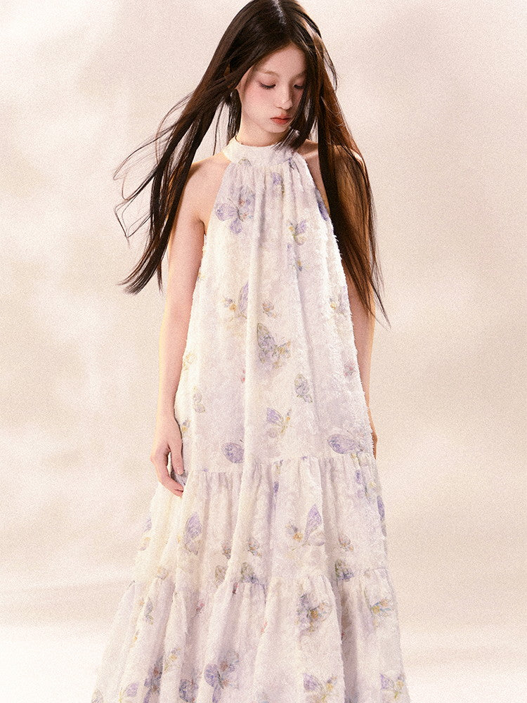 American-Sleeve Pale-Tone Flower Tiered No-Sleeve Long Dress