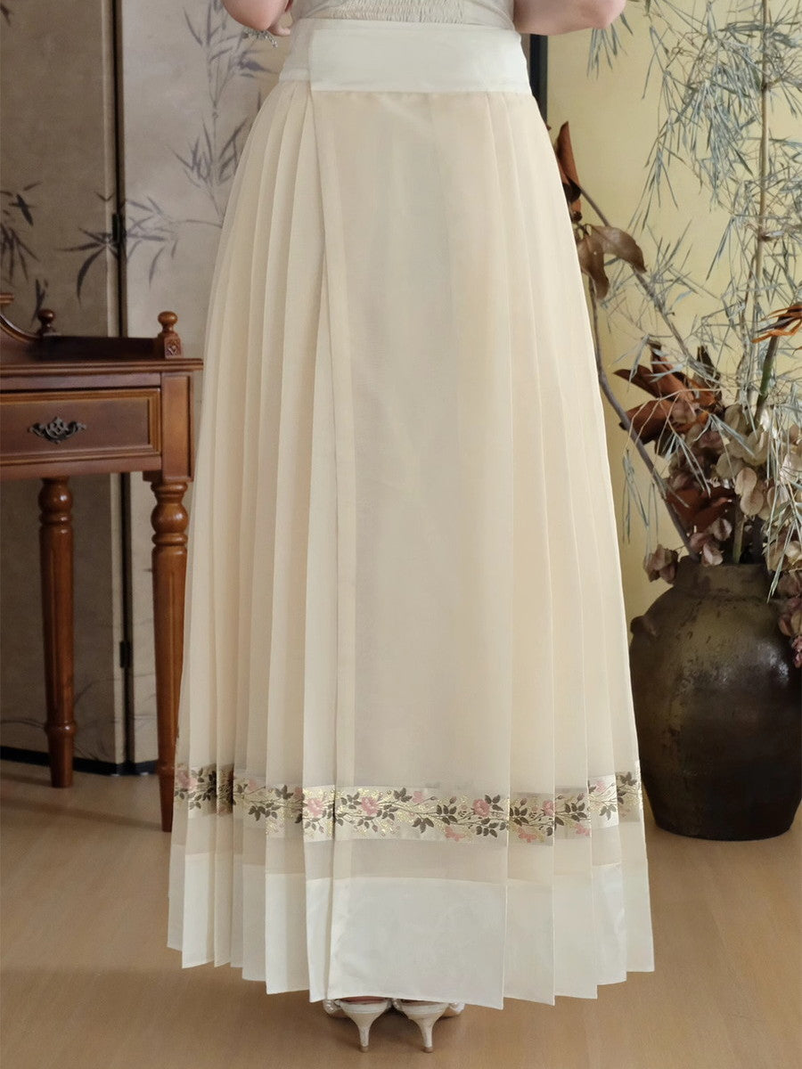 Embroidery Flowr Retro Sheer Box-Pleats Long-Skirt