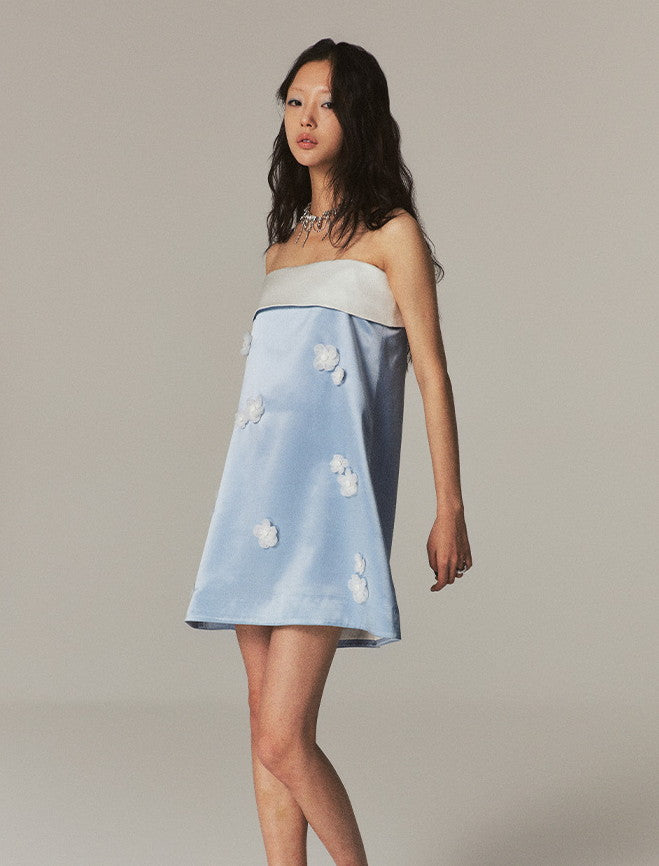 Satin Flower A-Line Short Camisole Bi-Color Glossy One-Piece