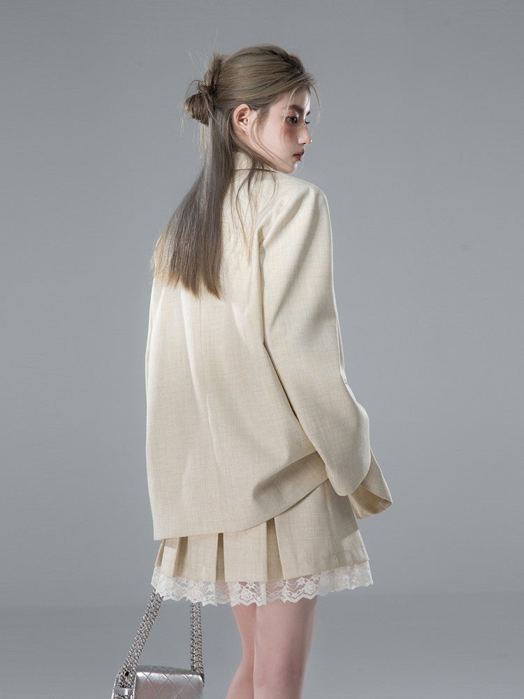 Jacket&Mini-Skirt Lace Box-Pleats Ovreszie Suit Set-Up