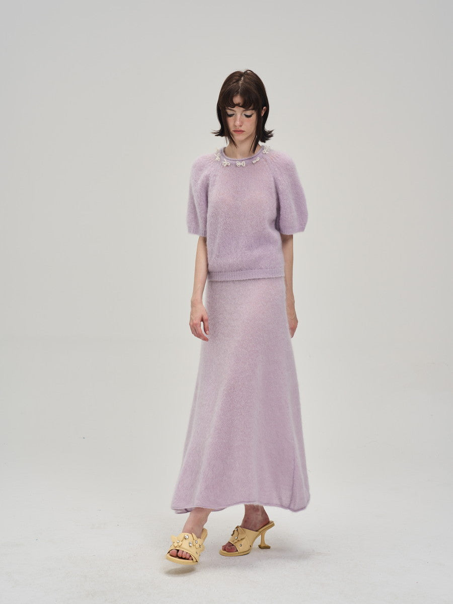Crew-Neck Ribbon Sweet Feminine Pale Tops&Long-Skirt