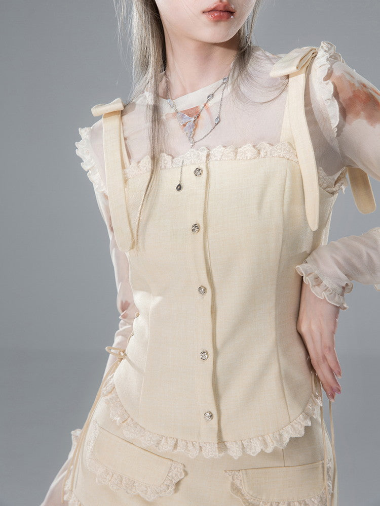 Vest&Blouse&Long-Skirt Frill Lace Suspenders Ribbon Set-Up