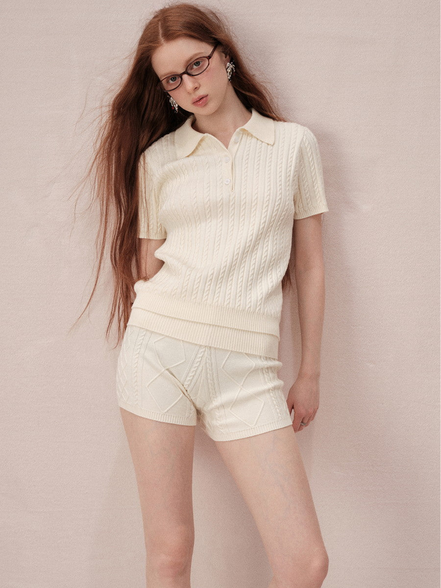 Cable-Knit Off-Shoulder Casual Relax Set-Up Tops&Short-Pants