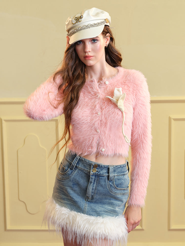 Mohair-knit 솜털 같은 Cryw-Neck 귀여운 귀여운 가디건