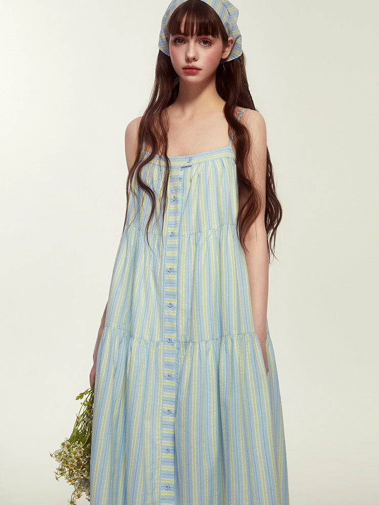 Camisole Lace Stripe Flare Button Layered Casual Dress