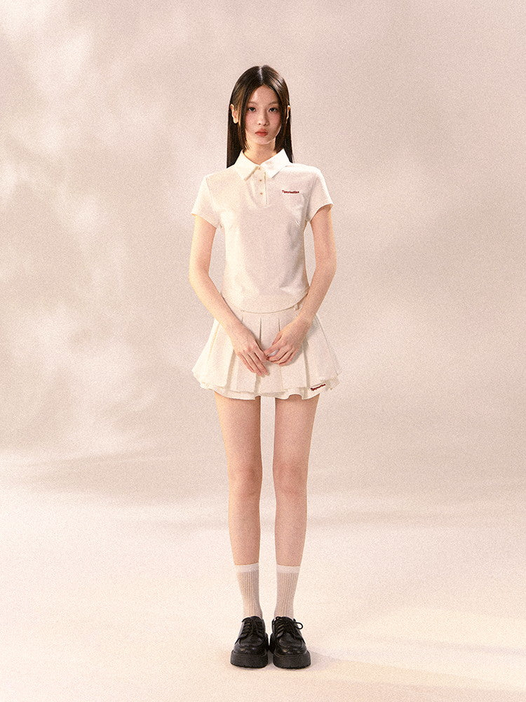 Set-Up Sports Casual Simple Pleats Polo-Shirt&Mini-Skirt